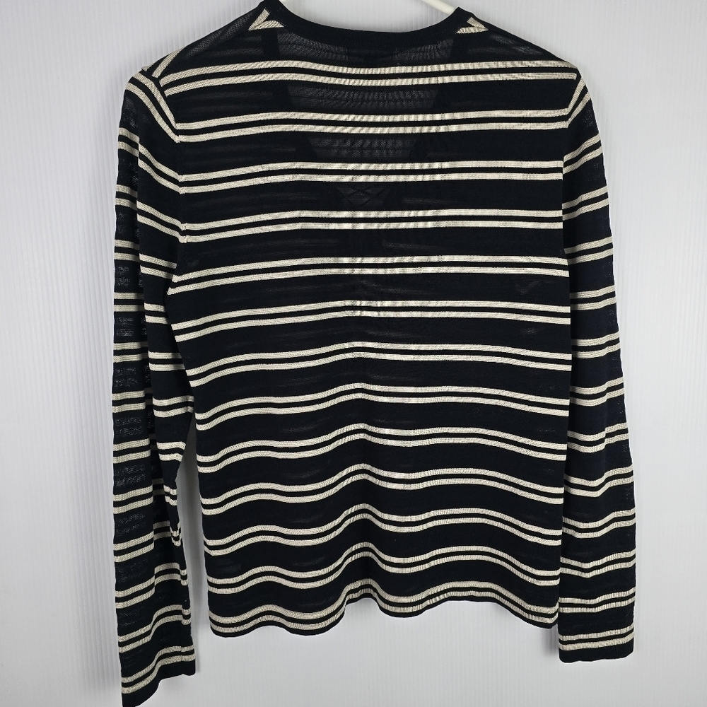 Akris Womens Cotton Silk Black Tan Striped Long Sleeve V Neck Lace Up Sweater 12 - Picture 2 of 9